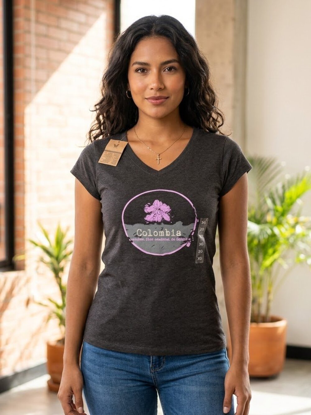 Women’s Morphe Charcoal V-Neck Tee with Pink Graphic Sz XL. 0704